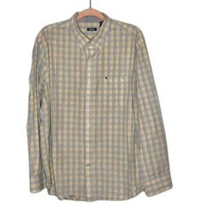 Izod Plaid Button Down Dress Shirt Mens XL Cotton Yellow Blue Preppy Office Work